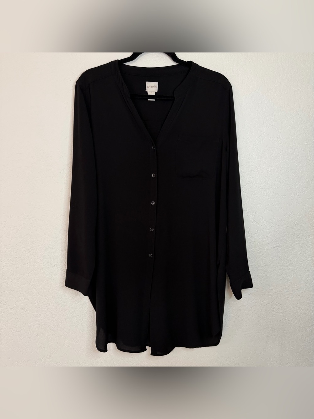 Chico’s Black Gauzy Button Up Tunic Shirt Roll Tab Sleeve Women’s Size Large -2